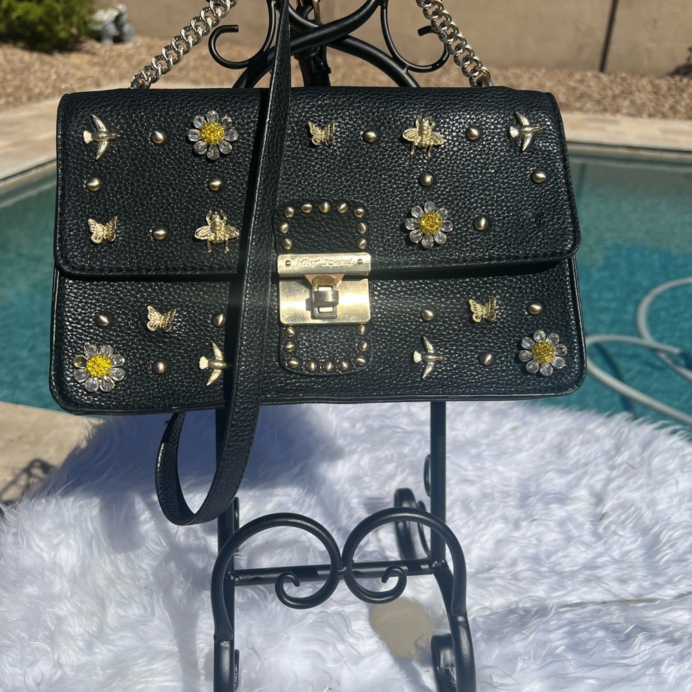 Betsey Johnson Black Handbag with Birds Bees Butterfly and Flower Embellishments